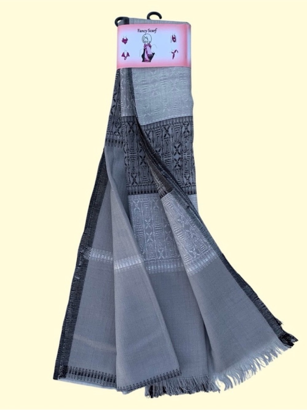 Amtal Gray and Black Fringed Edge Blanket Shawl Scarf Wrap • 80” x 28”